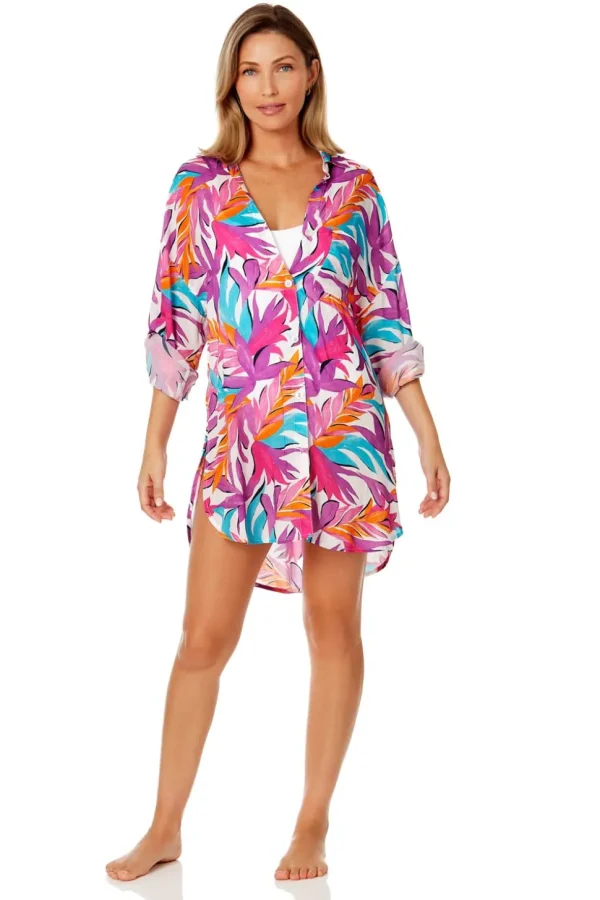 Anne Cole: Dance Floor Palm Button Down Shirt Cover Up