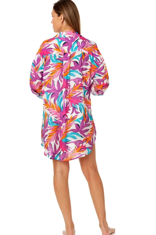 Anne Cole: Dance Floor Palm Button Down Shirt Cover Up