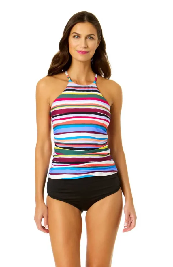 Anne Cole: Easy Breezy Stripe High Neck Tankini Top