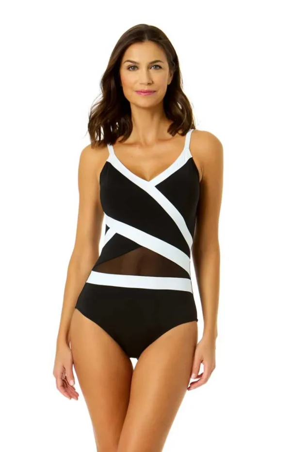Anne Cole: One Piece Meshing Around V-Neck Mio Swimsuit