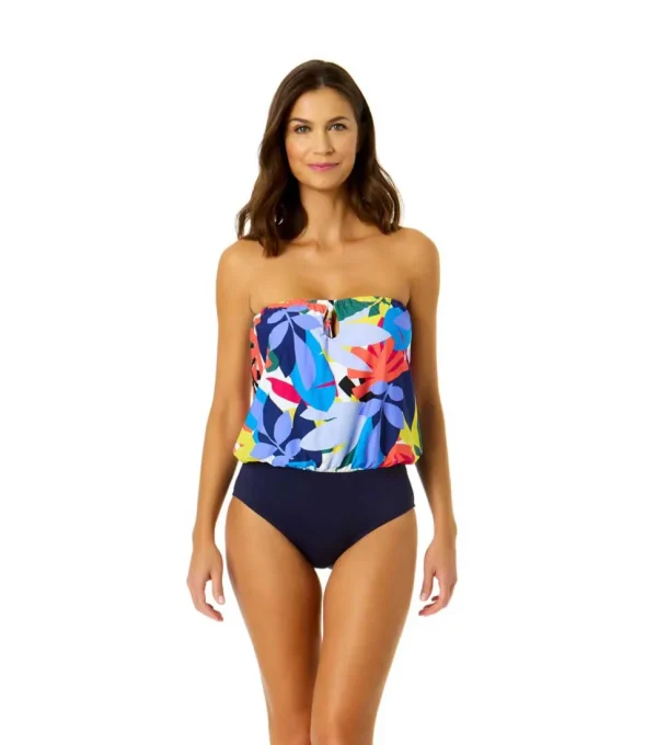 Anne Cole: One Piece Tropic Stamp Bandeau Blouson Swimsuit