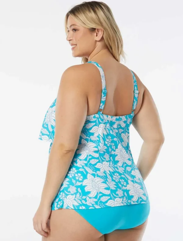 Beach House: Plus Size Aqua Palm Jane Ruffle Tankini Top
