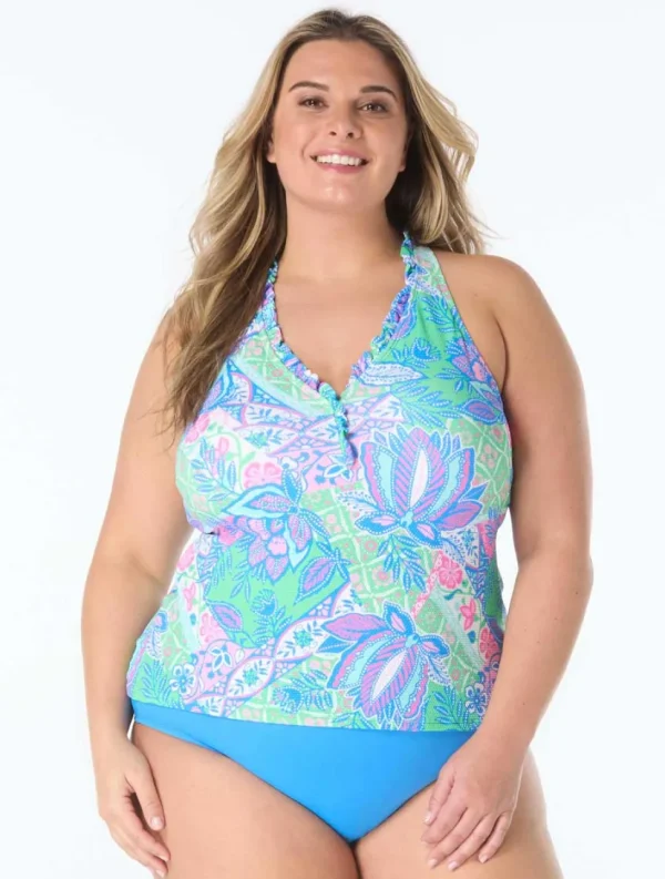 Beach House: Plus Size Estate Mosaic Pique Ruffle Trim Tankini Top