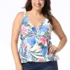 Beach House: Plus Size Monterey Tropical White Twist Front Tankini Top