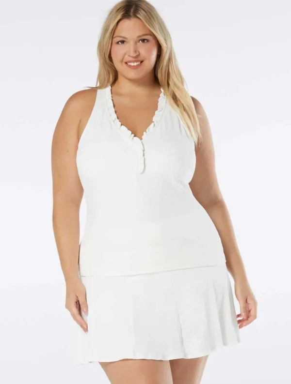 Beach House: Plus Size Pique Solid Ruffle Trim Tankini Top