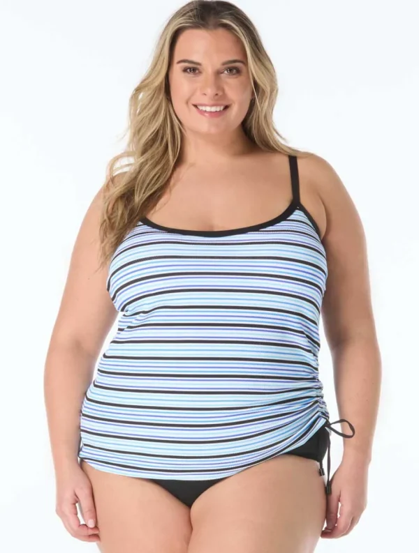 Beach House: Plus Size Resort Stripe Shirred Side Underwire Tankini To