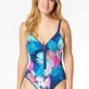 Beach House Sport: One Piece Shady Palms Ribbed Sport Racy Zip Swimsui