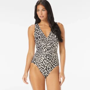 Carmen Marc Valvo: One Piece Foil Jungle Cheetah V-Neck Surplice