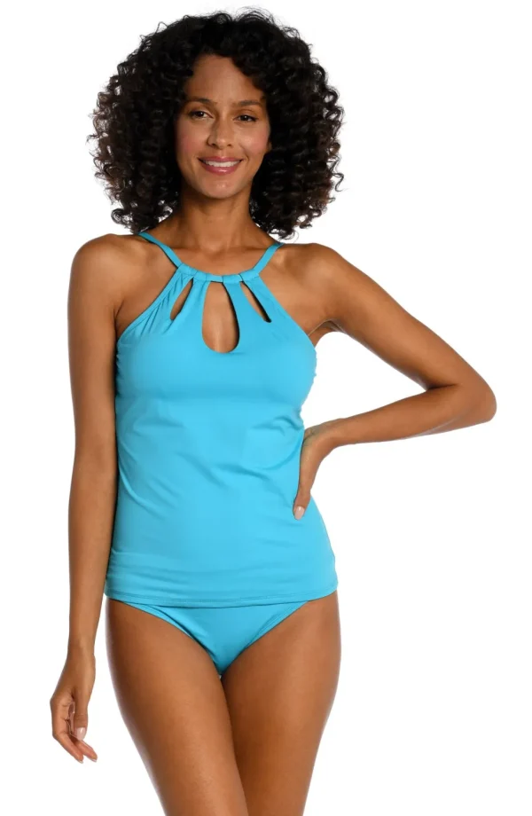 La Blanca: Island Goddess Solid Keyhole High Neck Tankini Top