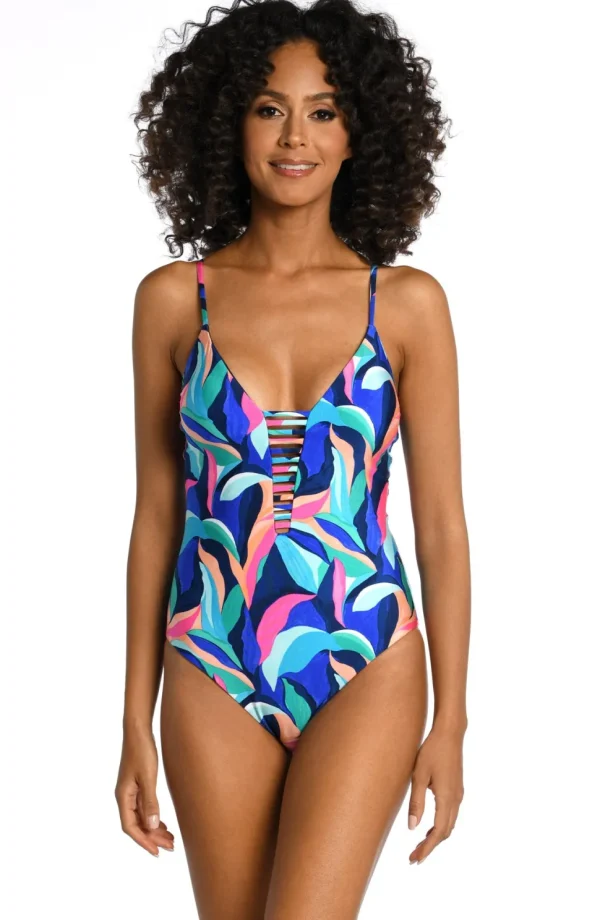 La Blanca: One Piece Painted Leaves Reversible Plunge