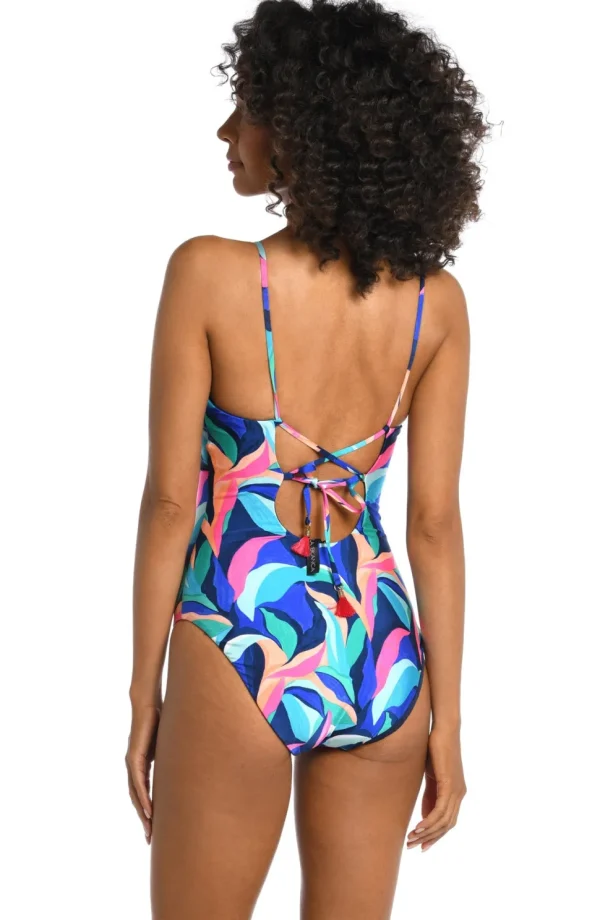La Blanca: One Piece Painted Leaves Reversible Plunge