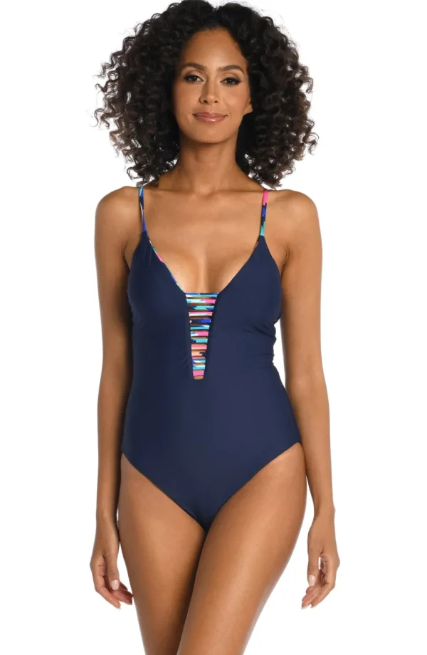 La Blanca: One Piece Painted Leaves Reversible Plunge