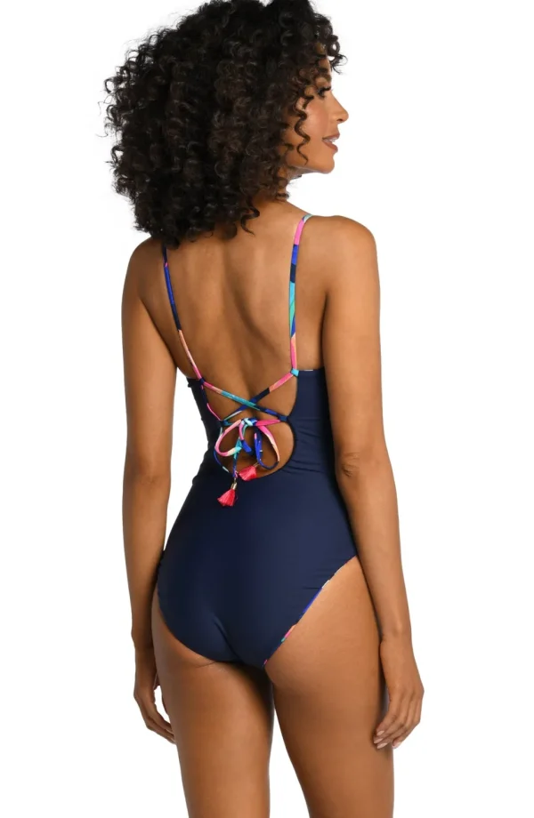 La Blanca: One Piece Painted Leaves Reversible Plunge