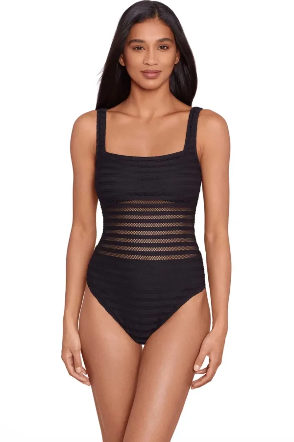 Lauren: One Piece Ottoman Mesh Solid Square Neck Swimsuit