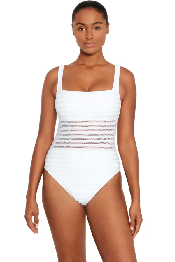 Lauren: One Piece Ottoman Mesh Solid Square Neck Swimsuit