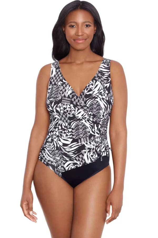 Longitude: One Piece Azteca Ruffle Front Surplice Long Torso Swimsuit