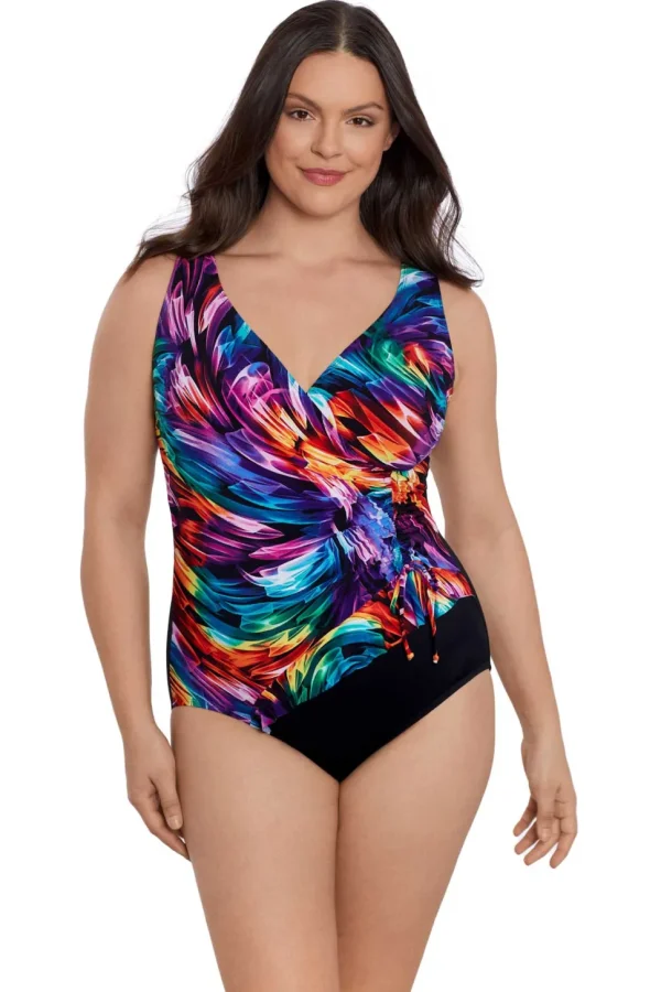 Longitude: One Piece Ribbon Candy Long Torso Ruffle Surplice Swimsuit