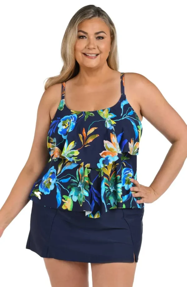 Maxine: Plus Size Indigo Vineyard Tiered Tankini Top