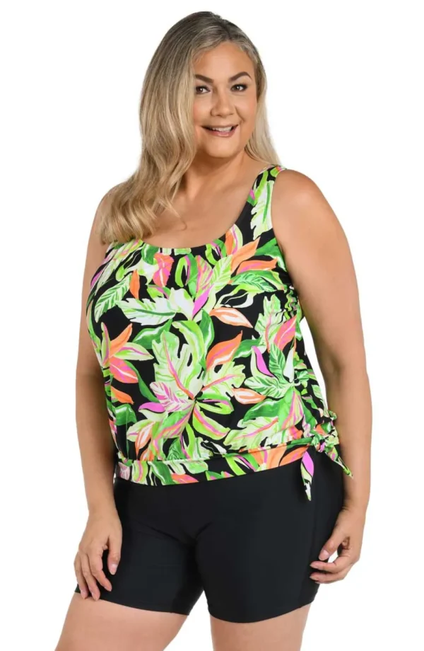 Maxine: Plus Size Rainforest Banded Scoop Blouson Tankini Top