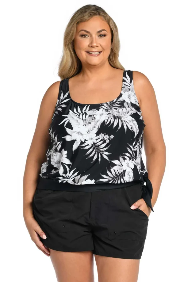 Maxine: Plus Size Tropic Paradise Banded Blouson Tankini Top