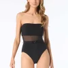 Michael Michael Kors: One Piece Ribbed And Mesh Solid Bandeau Swimsuit